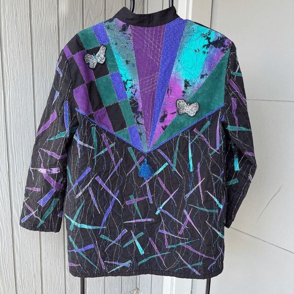 Vintage Patchwork Quilted Art Jacket w/ Butterfly Appliques, Abstract Design - M - Picture 2 of 10